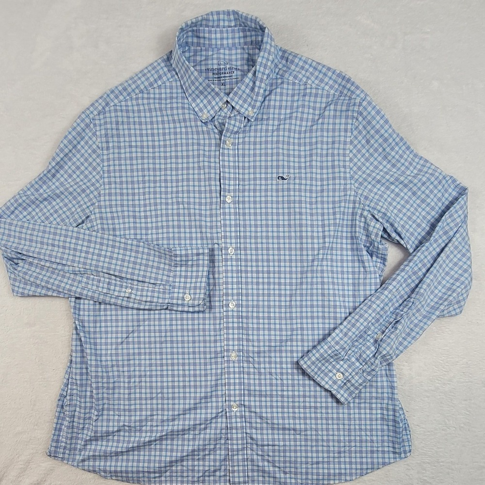 Vineyard Vines Performance Shirt XL Blue White Grid Classic Fit Whale ButtonDown